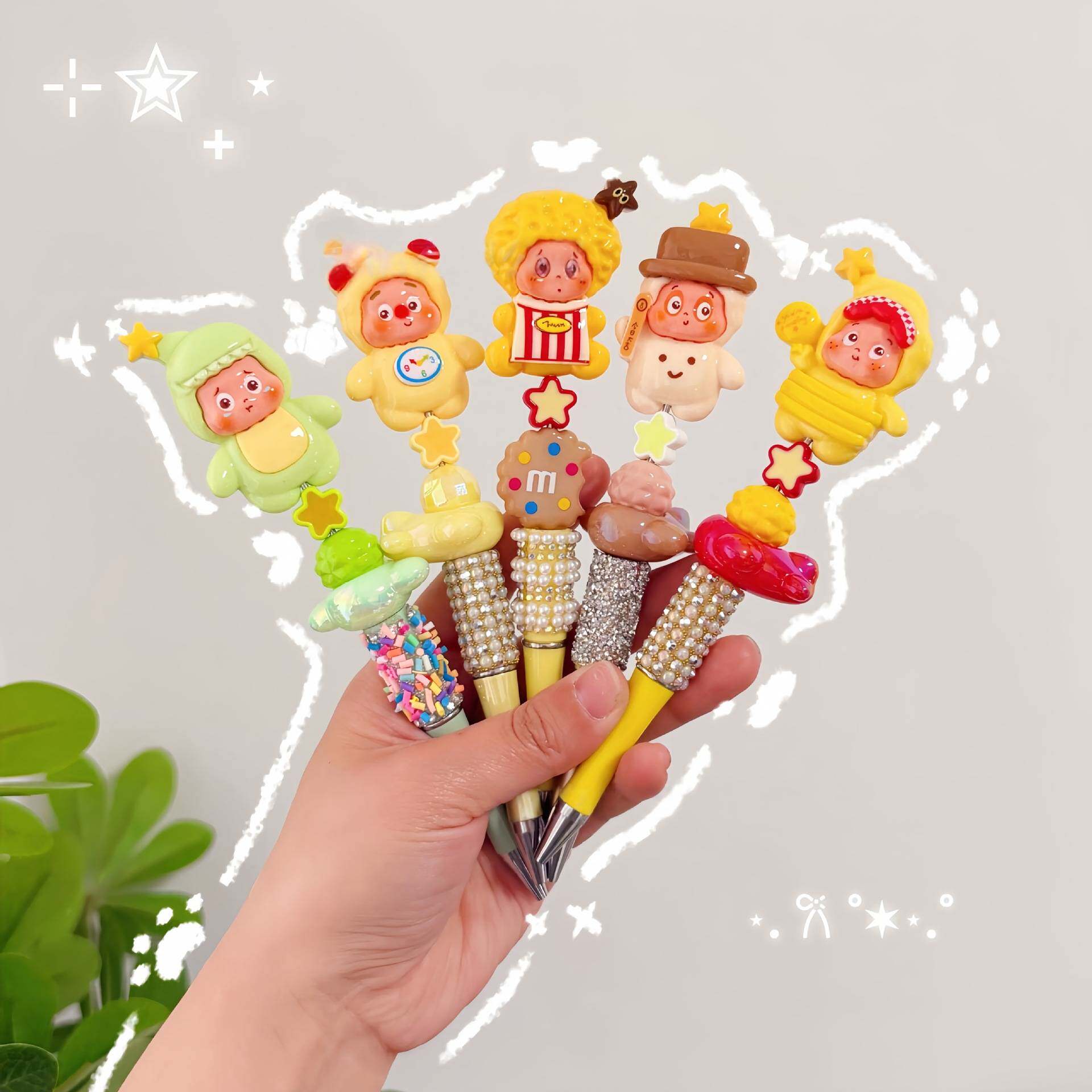 卡通萌粒笔可爱串珠笔手工创意转转笔礼物手绘圆珠笔串珠笔
