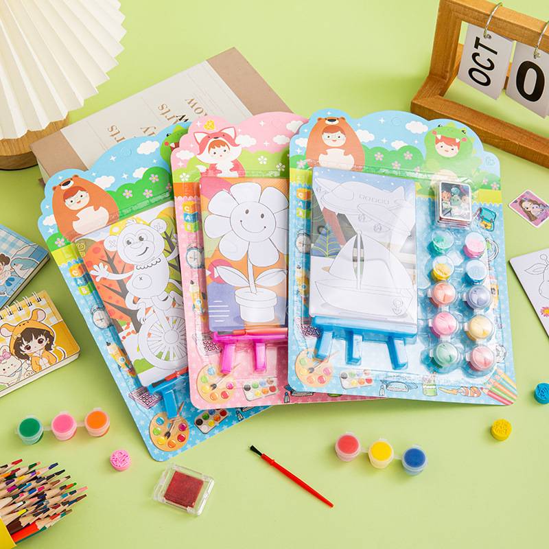 儿童卡通印章画画套装六一儿童节幼儿园画板画架六色颜料小孩礼品