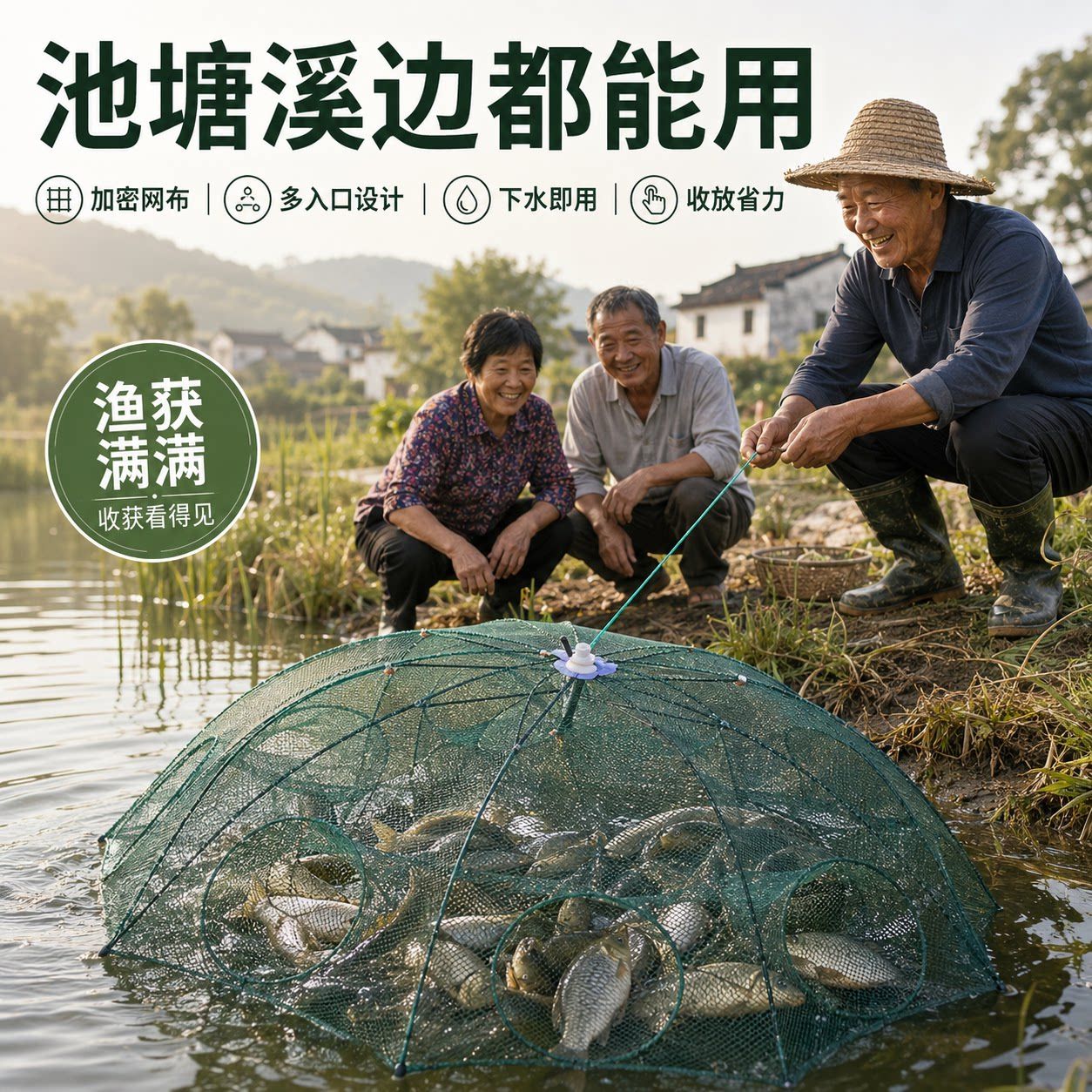 渔网鱼笼捕鱼网虾笼捕虾捕蟹折叠龙虾网泥鳅黄鳝笼圆形加粗伞网笼