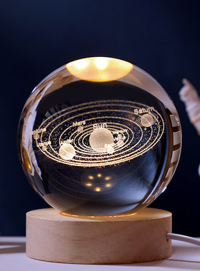 发光太阳系水晶球桌面小夜灯摆件星空玻璃球装饰品生日礼物女新年