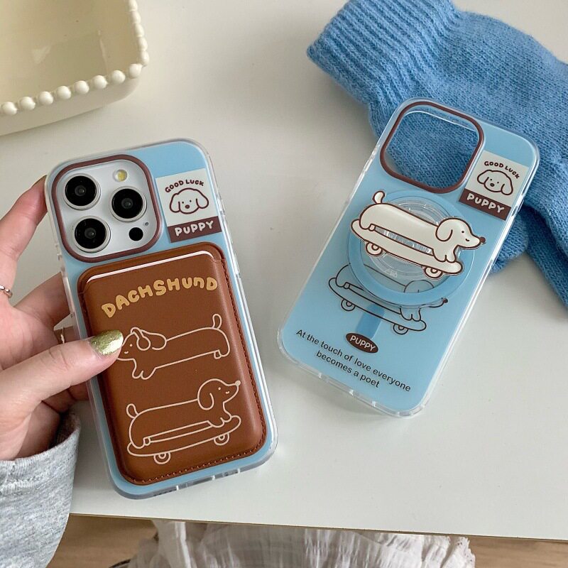 ins可爱滑板腊肠狗苹果磁吸手机壳带支架iphone16max苹果16pro苹果15手机壳带卡包13