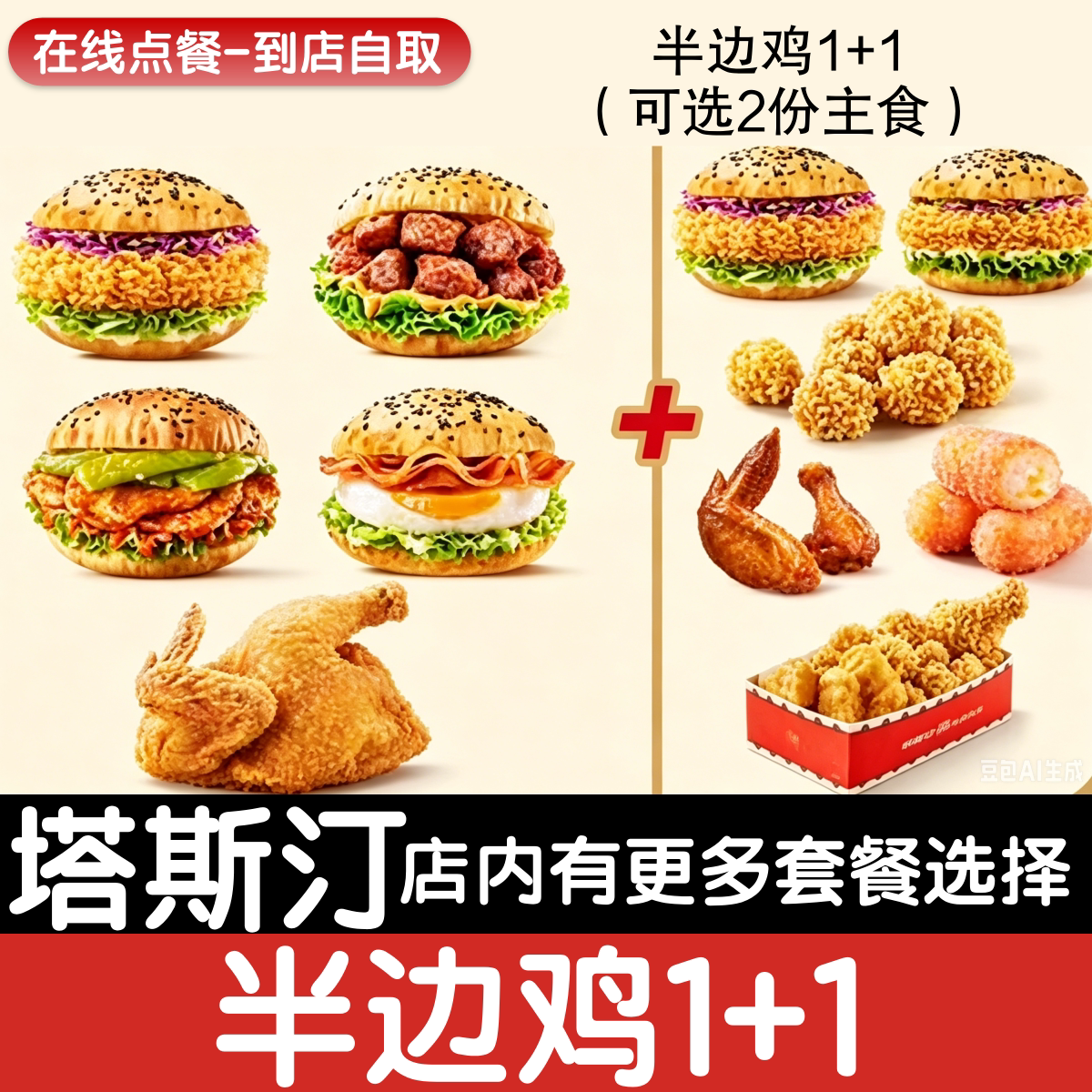 【塔斯汀代下单】半边鸡1+1可选2份主食自助点餐优惠券自动发货