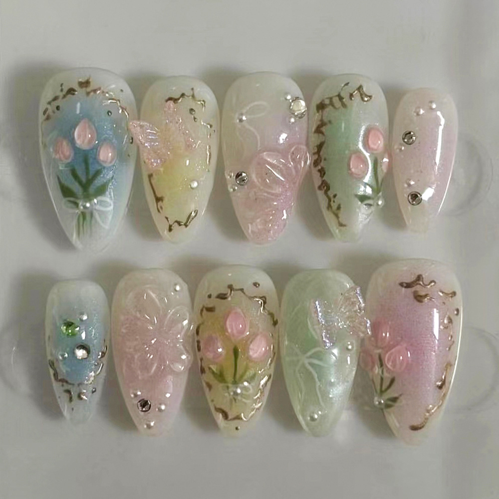夏天小清新花朵穿戴美甲蝴蝶晕染假指甲短款杏仁型甲片穿戴甲