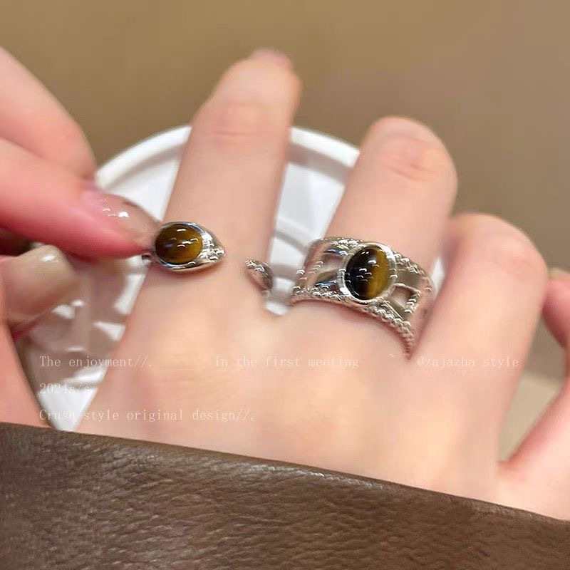 复古拉德花朵虎眼石戒指女小众设计开口秋冬食指戒女个性高级