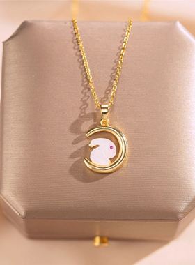 日韩简约小兔子项链女月亮玉兔吊坠小众轻奢饰品