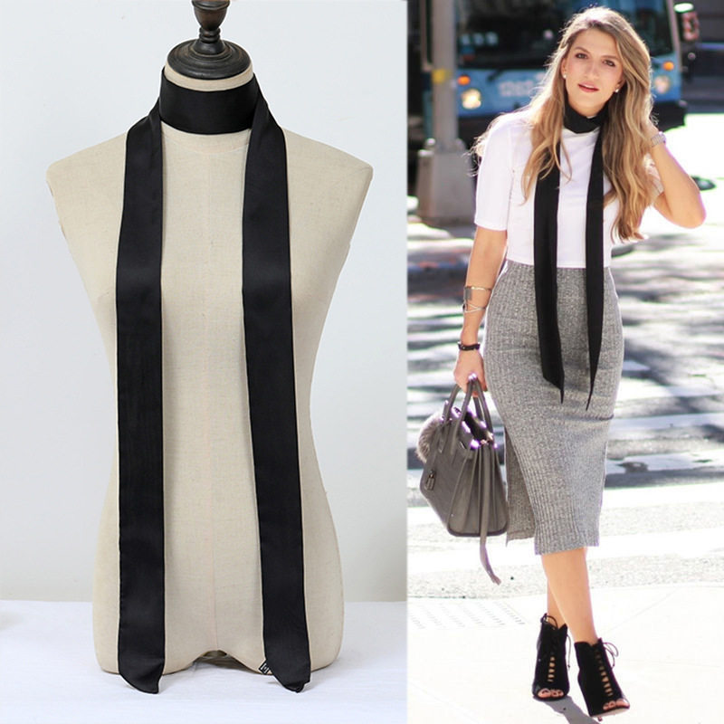 丝巾女百搭双层细窄长条小长巾韩版腰带夏职业领巾装饰黑色领带