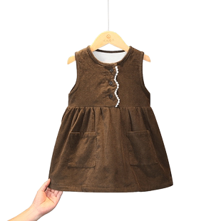 女童秋冬连衣裙加绒冬季新款2026宝宝洋气女孩法式灯芯绒背心裙子