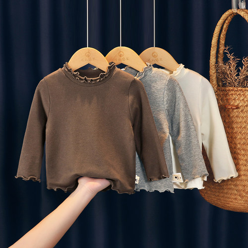 可衣棉尔木耳领长袖咖灰色打底衫