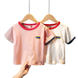 女宝宝t恤夏纯棉a类短袖T恤洋气韩版男女小童婴儿上衣粉白色T体恤