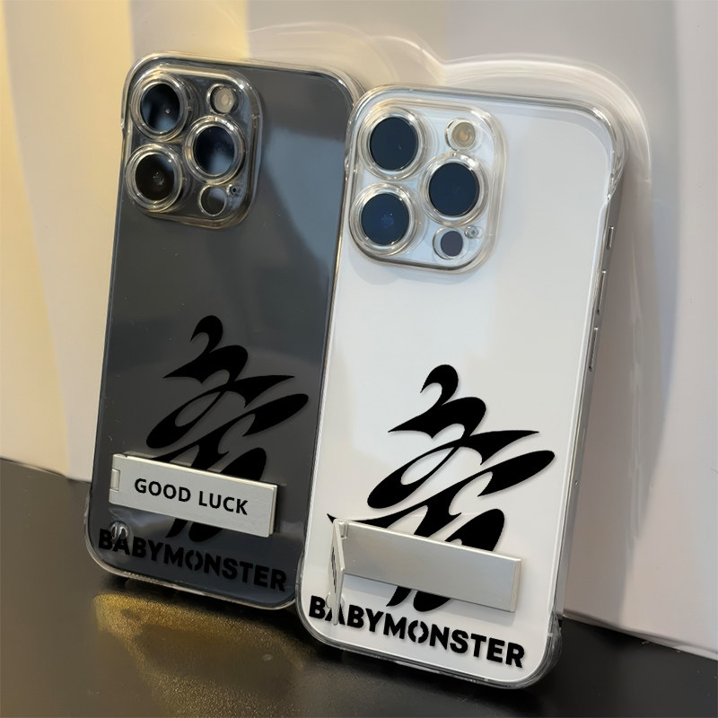 苹果15小众无边框硬iPhone13babymonster图标透明VIVOX300S带支架适用苹果14PLUS超薄16高级感手机壳17ProMax