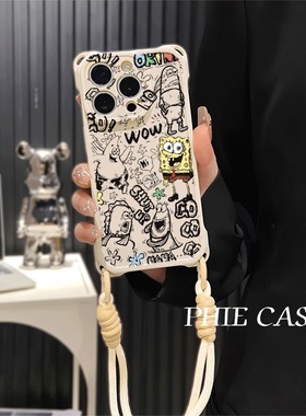 华为Mate70线条海绵宝宝13透明苹果16斜挎手腕挂绳17ProMax适用iPhone14防摔15plus手机壳软12pm四角开孔卡通