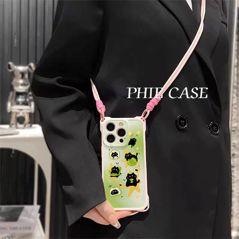 荣耀x70i新款小鱼黑猫12四角开孔VIVOIQOO13透明苹果16斜挎手腕挂绳17ProMax适用iPhone14防摔15plus手机壳软