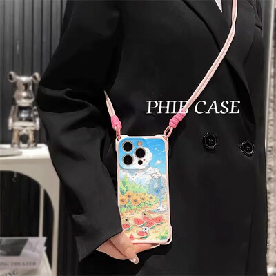 苹果14plus风扇线条小狗四角开孔13斜挎11ProMax适用防摔VIVOIQOO12手腕挂绳iPhone16透明15手机壳软s17t可爱