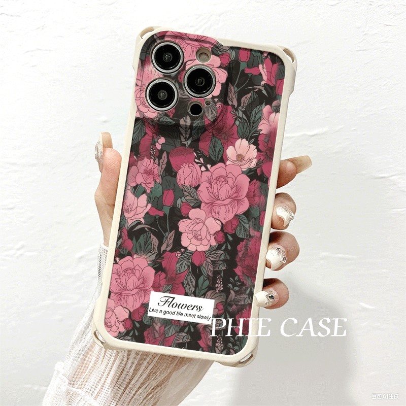 小米14四角开孔苹果13斜挎手腕挂绳12ProMax适用ins风玫瑰花iPhone16防摔透明15plus手机壳软红米k80小清新a5