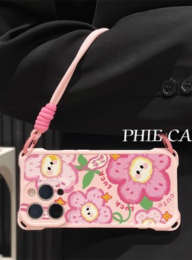 iPhone17四角开孔13ProMax适用OPPOFindx9许愿花朵透明苹果16斜挎手腕挂绳14防摔15plus手机壳软12小清新x300