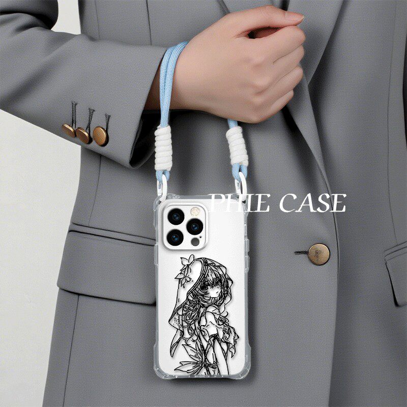 iPhone15手机壳软苹果14四角开孔13ProMax斜挎OPPOFindx8线稿守岸人荣耀MAGIC7适用防摔12手腕挂绳16plus透明