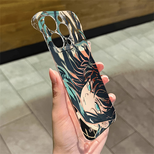 iPhone13高级感无边框硬苹果14小众透明17ProMax镂空鬼灭之刃时透无一郎适用15PLUS动漫超薄16pm带支架手机壳