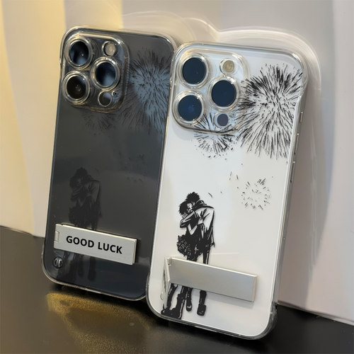 iPhone13高级感ins风创意VIVOIQOO15透明17ProMax适用16PLUS超薄带支架无边框硬手机壳艺术拥抱情侣苹果14pro