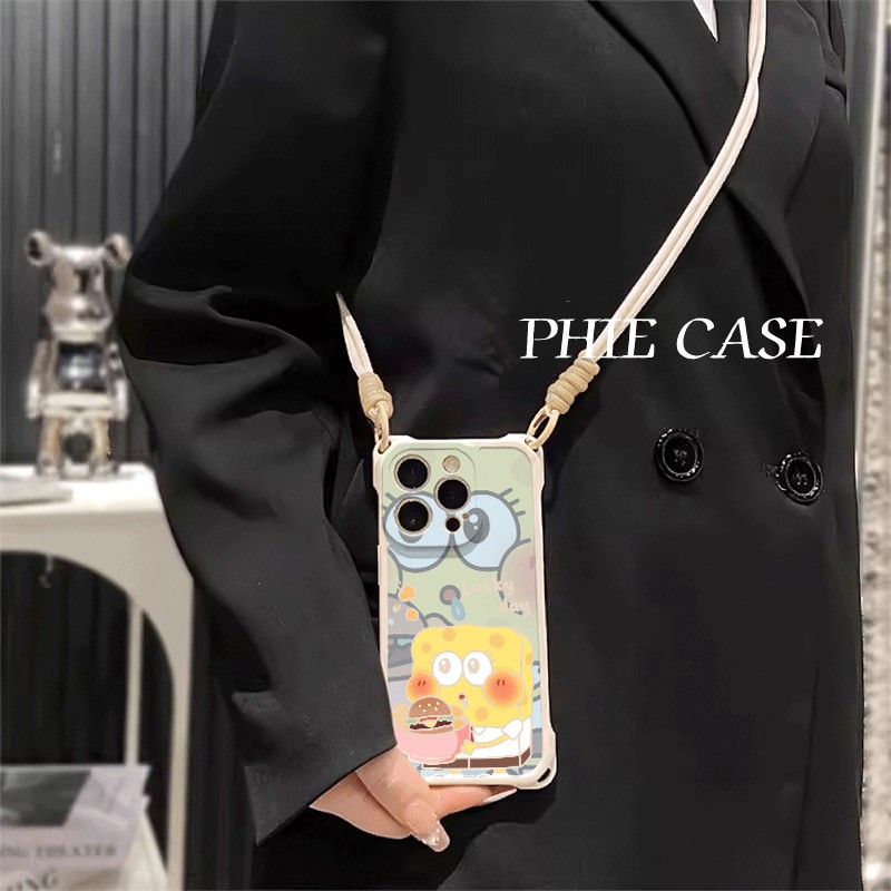 流口水海绵宝宝苹果16plus斜挎手腕挂绳小米17ProMax适用iPhone14防摔OPPOReno15手机壳软12四角开孔13透明