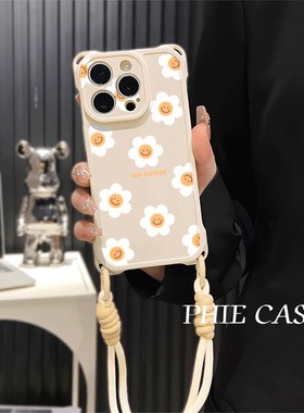 OPPOReno13斜挎手腕挂绳12ProMax适用荣耀400白色向日葵iPhone16防摔透明15plus手机壳软苹果14四角开孔ins风