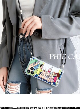 红米note15手机壳软iPhone14plus四角开孔13ProMax透明Findx8蜡笔小新火锅苹果16斜挎手腕挂绳适用17防摔卡通