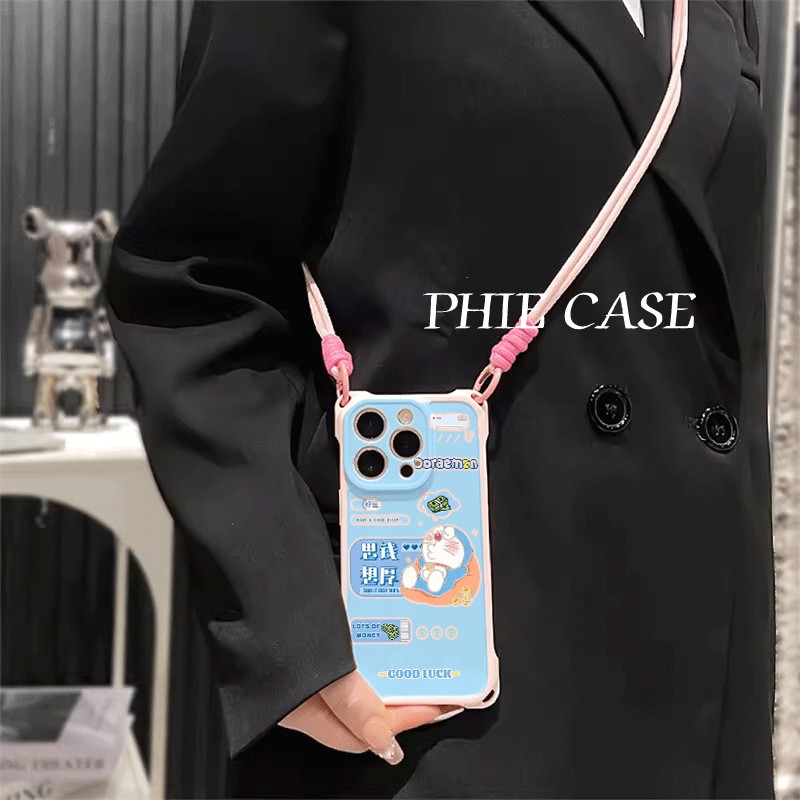 iPhone15plus手机壳软14四角开孔OPPOReno13思钱想厚多啦a梦16ProMax斜挎手腕挂绳苹果12适用红米k80防摔透明