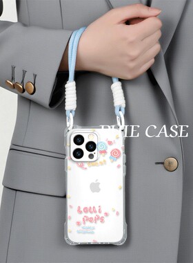 华为NOVA13斜挎手腕挂绳iPhone16防摔红米TURBO4透明15plus手机壳软14ProMax四角开孔苹果12适用11创意棒棒糖