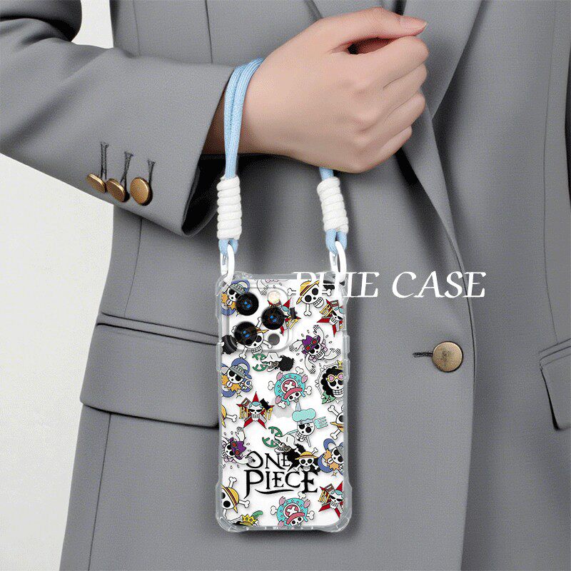 苹果12适用防摔OPPOFindx8潮酷海贼王iPhone15plus手机壳软14四角开孔13透明16ProMax斜挎手腕挂绳iQOOz9卡通
