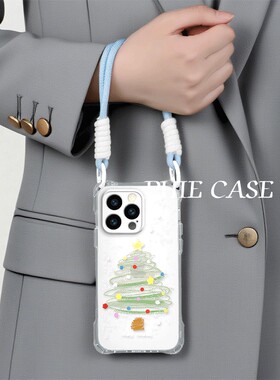 iPhone15plus手机壳软14彩色圣诞树四角开孔VIVOIQOO13透明16ProMax斜挎手腕挂绳苹果12适用x200小清新a5防摔