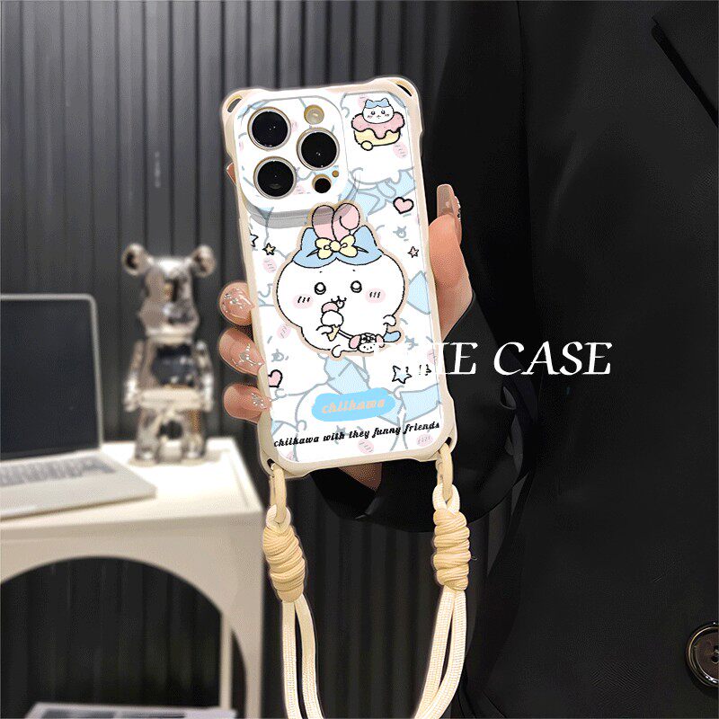 OPPOReno14四角开孔苹果13斜挎手腕挂绳12ProMax适用荣耀GT冰淇淋小八iPhone16防摔透明15plus手机壳软a5可爱