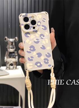 苹果14四角开孔13透明a5蓝色豹纹字母16plus斜挎手腕挂绳12适用17ProMax防摔红米note15手机壳软iPhone少女心