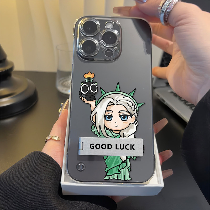 自由女神罗小黑iPhone12硬16ProMax动漫小米17适用VIVOIQOO15透明13无边框苹果14plus带支架超薄高级感手机壳
