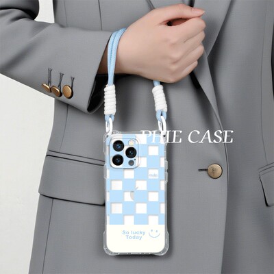x200防摔15plus手机壳软iPhone14四角开孔红米note13透明蓝白格子笑脸苹果16斜挎手腕挂绳12适用17ProMax创意
