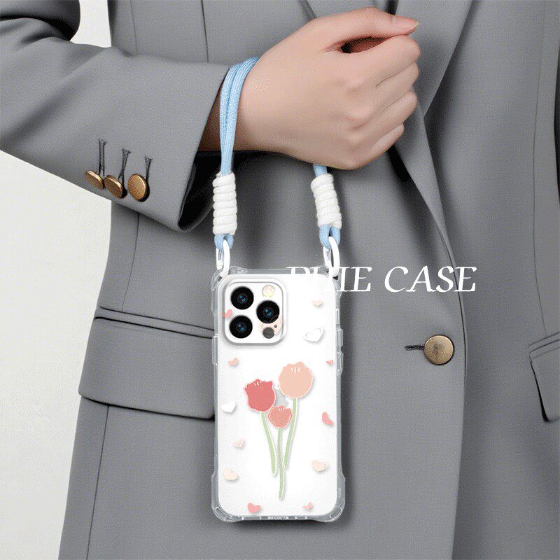 荣耀400手机壳软14四角开孔iPhone13斜挎手腕挂绳12ProMax适用苹果16透明15plus防摔真我gt7pro爱心郁金香s30