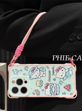 iPhone16透明小米15手机壳软苹果14plus四角开孔13适用12ProMax斜跨手腕挂绳HelloKitty猫VIVOx100防摔11可爱