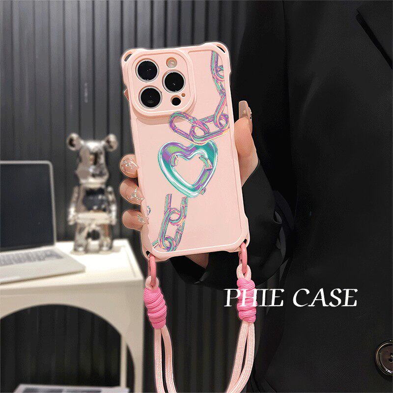 华为Mate70创意爱心锁链苹果13斜挎手腕挂绳12ProMax适用iPhone16防摔透明15plus手机壳软14四角开孔x90ins风