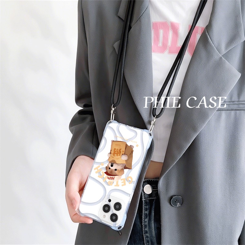 四角开孔iPhone13发财小狗苹果16透明15plus手机壳软14斜挎手腕挂绳12ProMax适用红米TURBO4防摔VIVOx200可爱