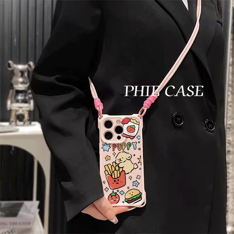 汉堡线条小狗苹果16斜挎手腕挂绳小米17ProMax适用iPhone14防摔15plus手机壳一加ACE6软12四角开孔13透明可爱