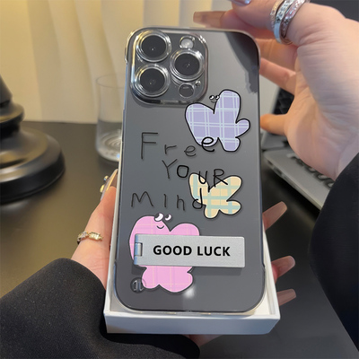 ins风iPhone13硬14ProMax适用15透明12小众无边框苹果16plus带支架小米17ULTRA超薄高级感小众格纹蝴蝶手机壳