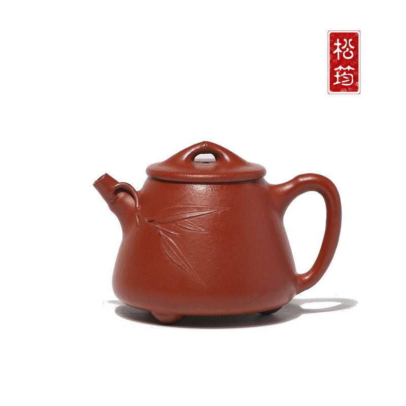原矿朱泥纯手工贴竹叶高石瓢150ML泡茶壶茶具宜兴紫砂壶国潮风