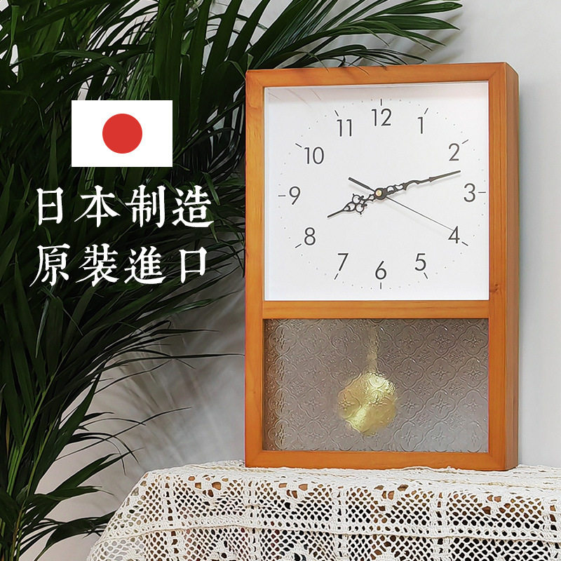 实木日式复古钟客厅北欧新中式挂墙时钟静音长方形摆钟座钟表法式图片