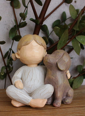 亚马逊新款女孩和狗雕像树脂家居摆件创意桌面树脂摆狗狗纪念