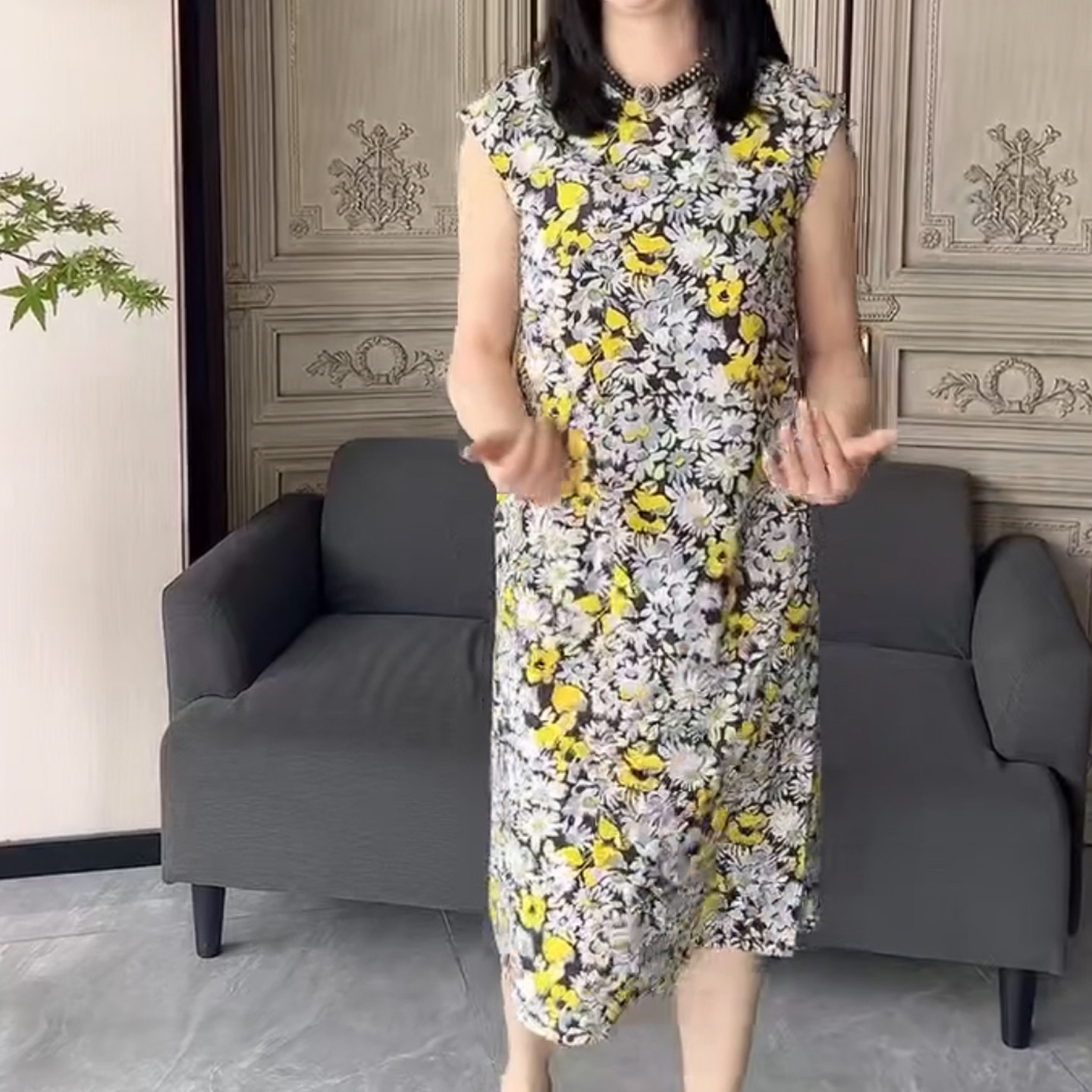深圳南油＃夏季新款香港巴黎五区AK宽松腰印花中长款连衣裙女