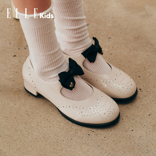ELLEkids新款法式蝴蝶结粗跟皮鞋