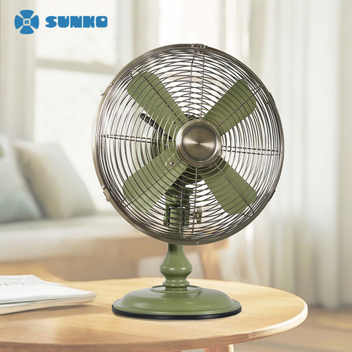 sunko新款12寸仿古金属电风扇台式家用摇头大风力军绿色台扇