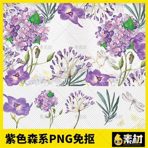 紫色花朵花卉唯美森系手绘卡片请柬邀请函png免抠图片背景ps素材