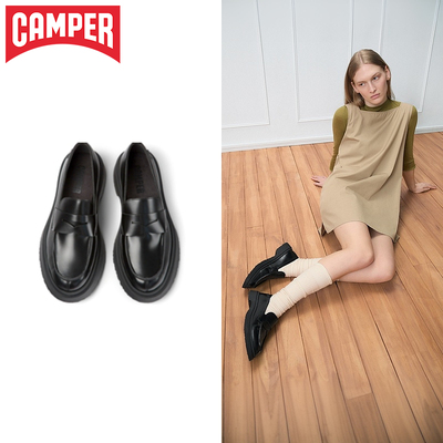 Camper看步女鞋walden老钱风乐福鞋女黑色厚底皮鞋