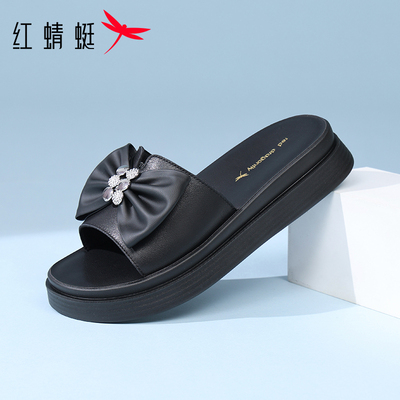 红蜻蜓女休凉拖鞋可外穿头层牛皮真皮款厚底拖鞋仙女风蝴蝶结软底