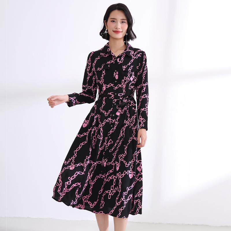 盈达品牌女装花色连衣裙秋冬新品优雅时尚气质收腰长裙 4DB5K8002