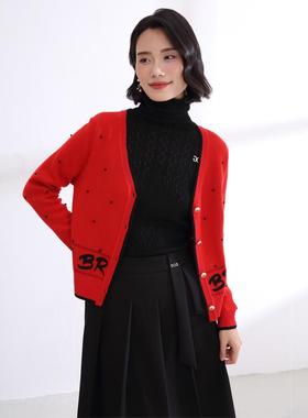 红色针织短外套秋冬新品宽松休闲印花上衣盈达品牌女装 4DB5J5601